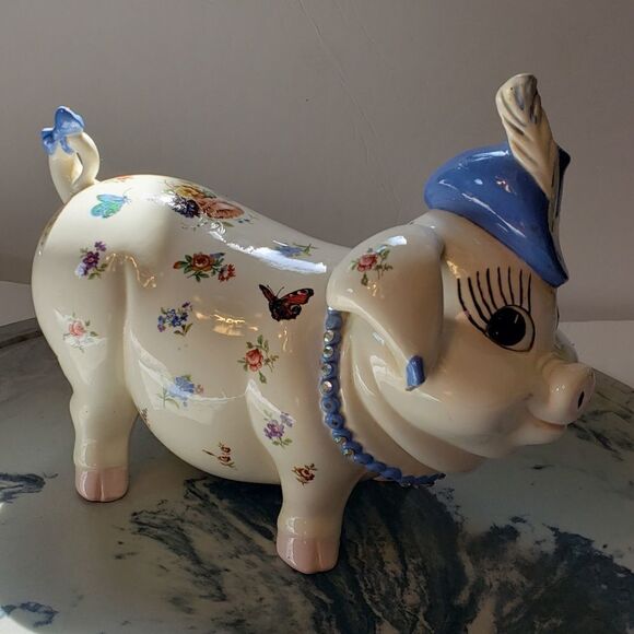 Vintage Big Pig w/Feathered Hat, Collar & Butterflies - Picture 6 of 14